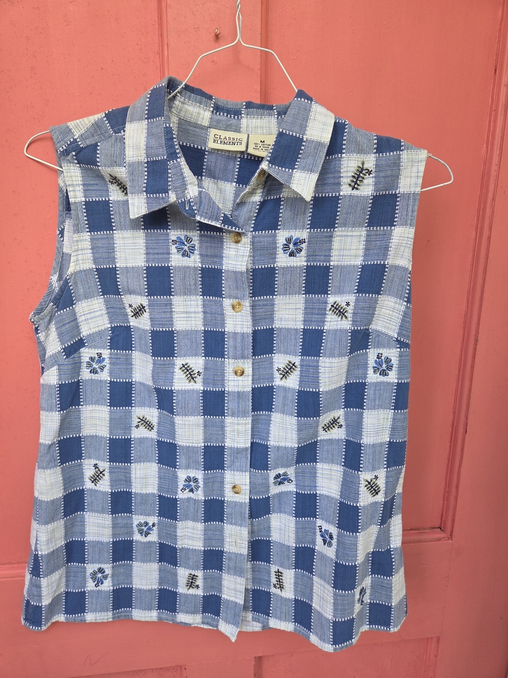Blue Plaid Embroidered Button-Down Shirt 100% Cotton